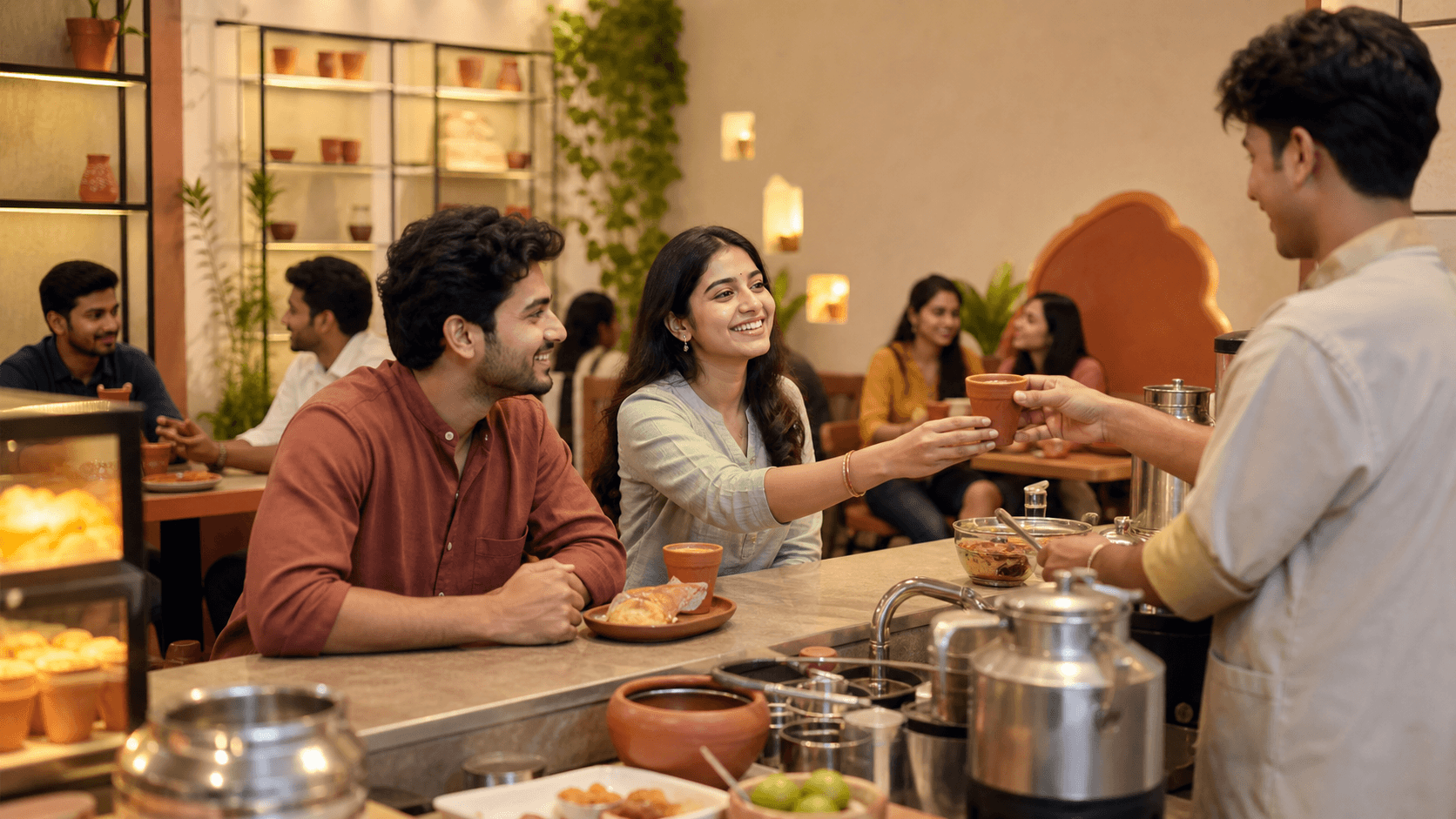 Warm Chai Churi cafe service moment with kulhad chai and snacks